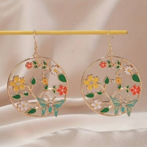 24k Gold Plated Flower Butterfly Water Drop Hoop Earrings - Picture 1 of 6